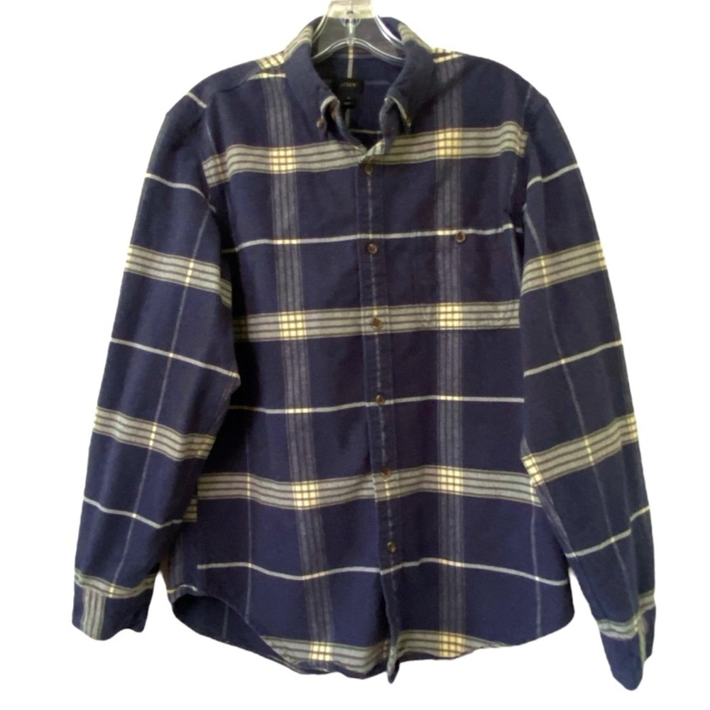 J Crew Flannel Plaid Leather Elbow Patches Button Long sleeve Cotton Shirt - Picture 1 of 6